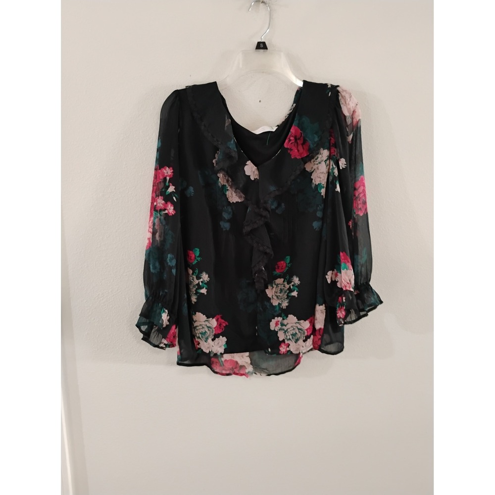 LC Lauren Conrad Floral Ruffle V-Neck Blouse Black Pink XXL Long Sleeve Top